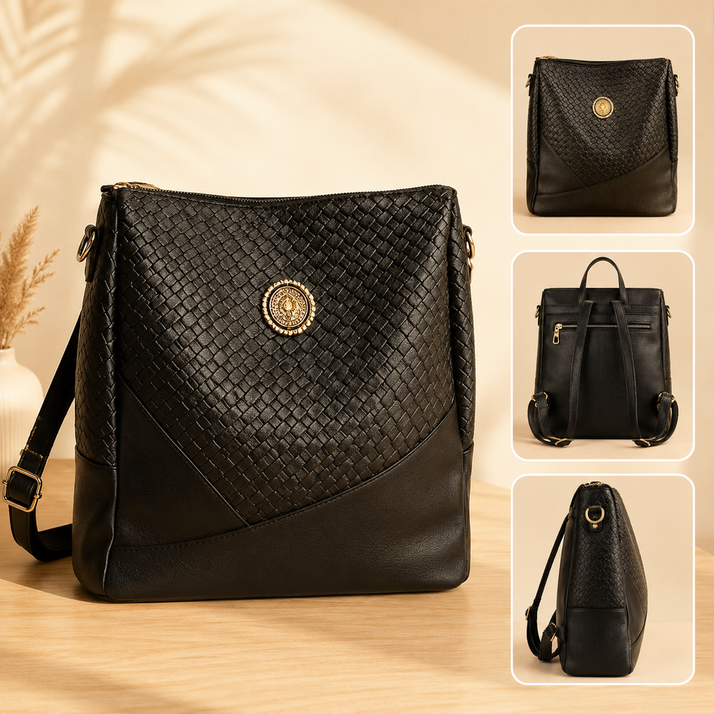 Kelbrik Textured Faux-Leather Backpack — Gold Medallion Shoulder Bag