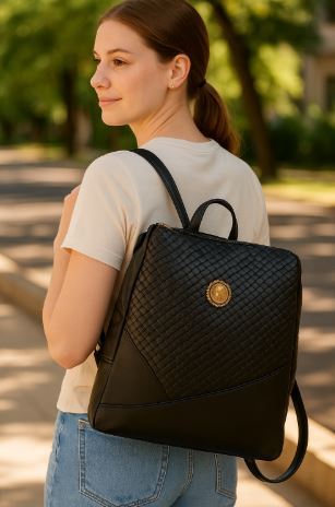 Kelbrik Textured Faux-Leather Backpack — Gold Medallion Shoulder Bag