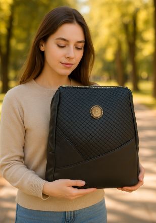 Kelbrik Textured Faux-Leather Backpack — Gold Medallion Shoulder Bag