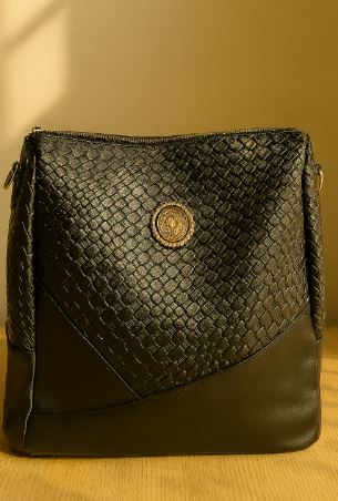 Kelbrik Textured Faux-Leather Backpack — Gold Medallion Shoulder Bag
