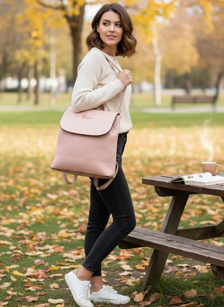 Kelbrik Royal Pleated Backpack — Blush Pink Ribbed Everyday Bag