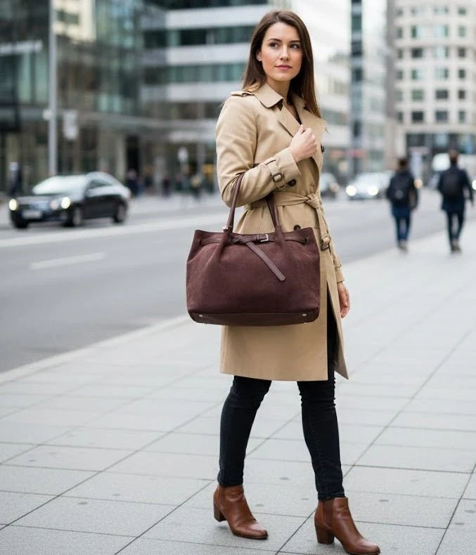 Kelbrik Suede Slouch Tote — Belted Shoulder Bag