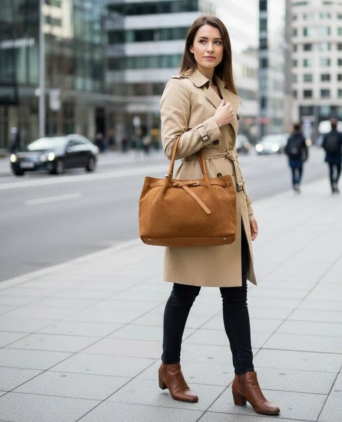 Kelbrik Suede Slouch Tote — Belted Shoulder Bag