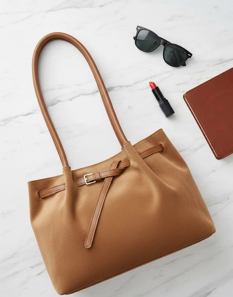Kelbrik Suede Slouch Tote — Belted Shoulder Bag