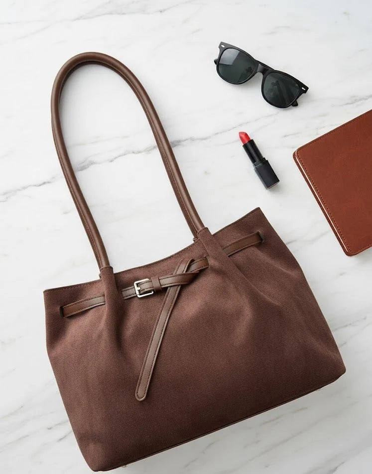 Kelbrik Suede Slouch Tote — Belted Shoulder Bag