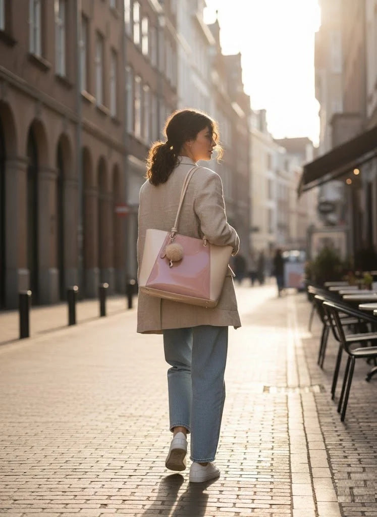 Kelbrik Blush Tote — Two-Tone Bag with Pom-Pom Charm