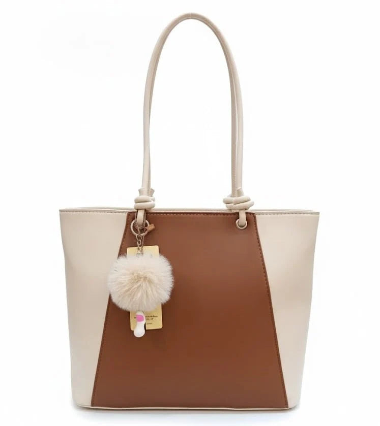 Kelbrik Blush Tote — Two-Tone Bag with Pom-Pom Charm