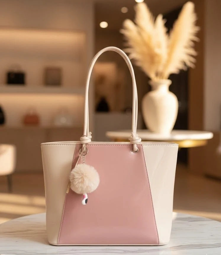 Kelbrik Blush Tote — Two-Tone Bag with Pom-Pom Charm