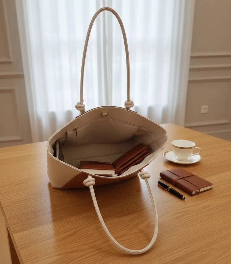 Kelbrik Blush Tote — Two-Tone Bag with Pom-Pom Charm
