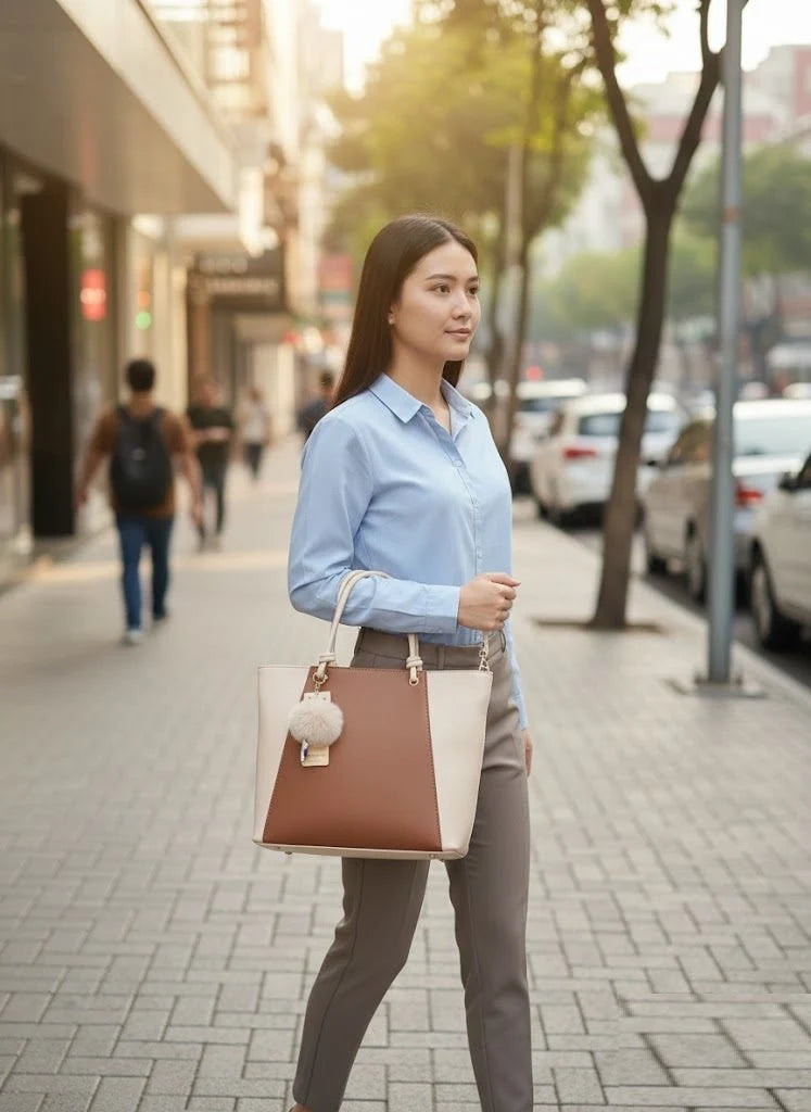 Kelbrik Blush Tote — Two-Tone Bag with Pom-Pom Charm