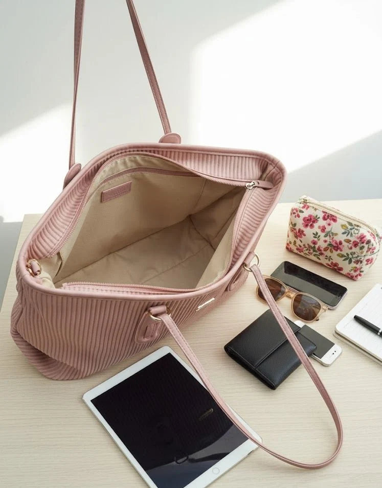 Kelbrik Blush Ribbed Tote — Long Strap Shoulder Bag